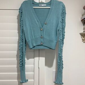 Zara Blue cardigan with ruffles and jewel buttons